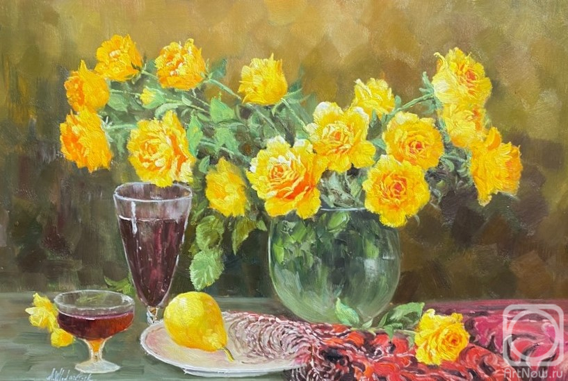 Vlodarchik Andjei. Still life with yellow roses, pear and wine
