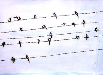 Bird on overhead wire. Vinogradova Nina