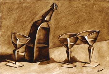 Three wineglass and bottle