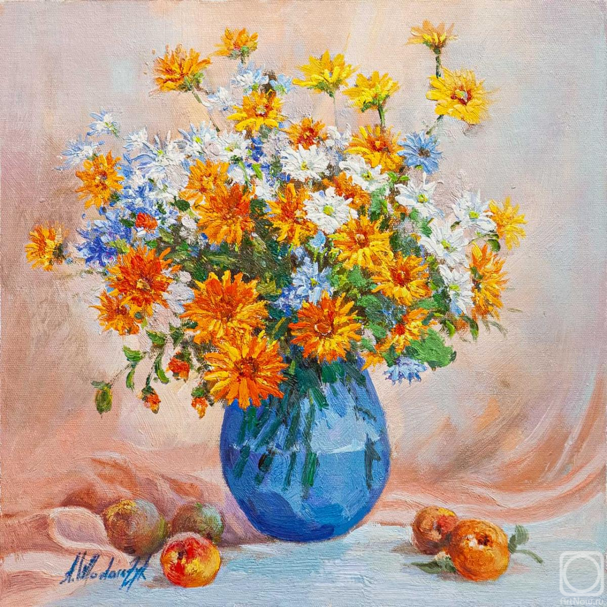 Vlodarchik Andjei. Marigolds and cornflowers in a blue vase