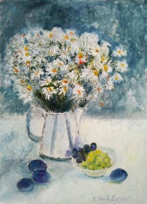 Still life with daisies and plums
