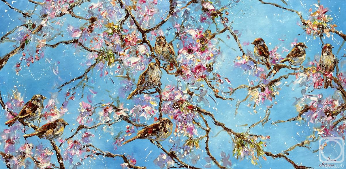 Malivani Diana. Sparrows in the Blooming Tree