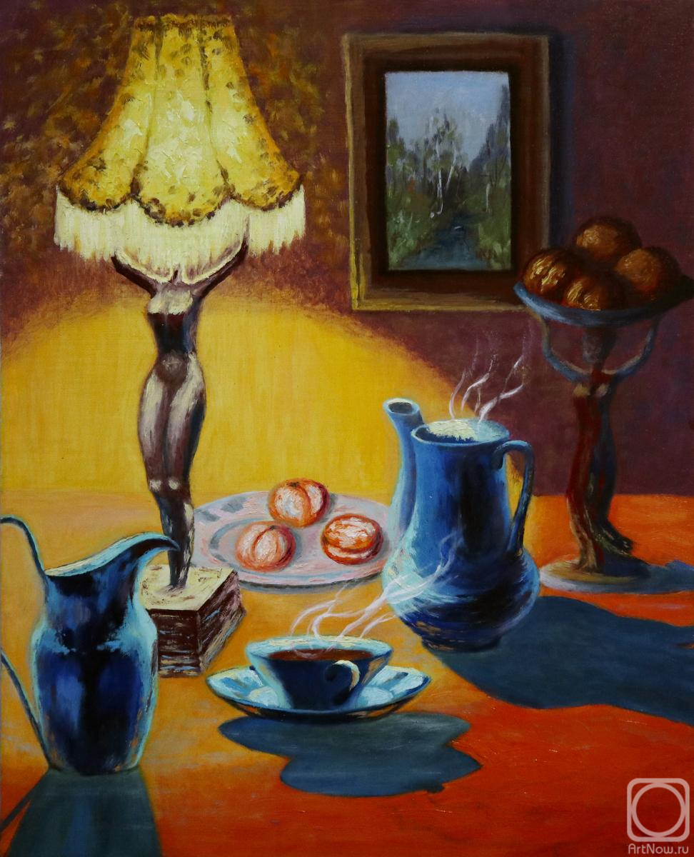 Polischuk Olga. Table lamp and tea with peaches