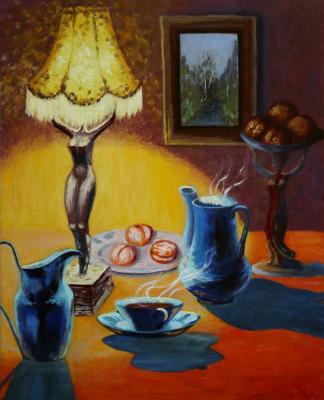 Table lamp and tea with peaches. Polischuk Olga