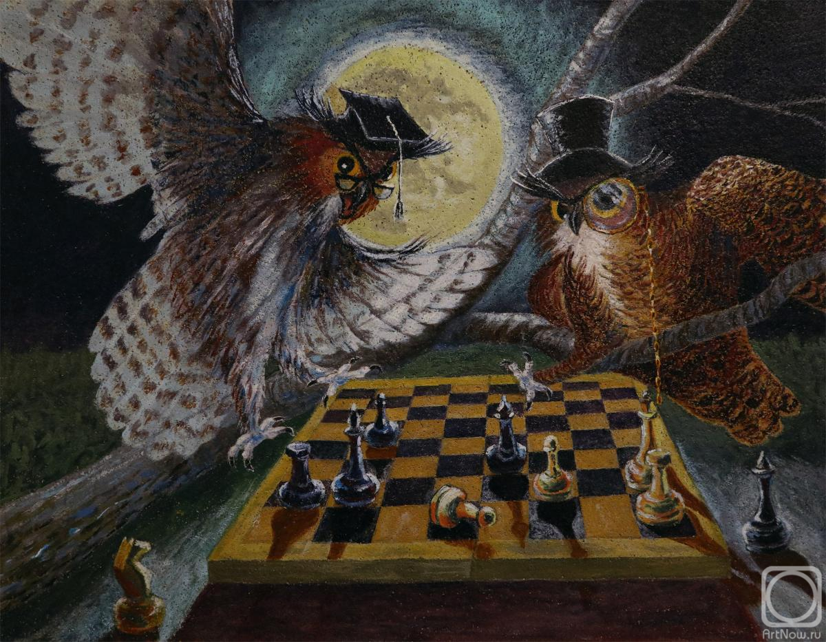 Polischuk Olga. Night landscape with owls. Chess Tournament
