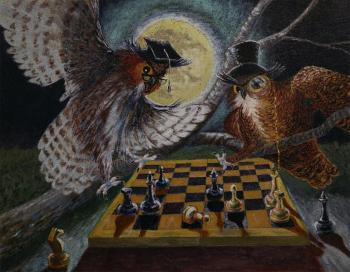Night landscape with owls. Chess Tournament (Painting With An Owl). Polischuk Olga