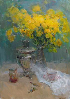 Still life with a samovar and summer flowers (Drinking Of Tea). Makarov Vitaly