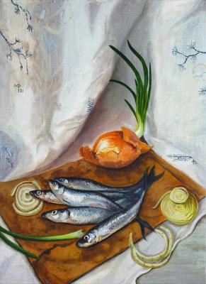 STILL-LIFE FOR THE KITCHEN WITH FISH AND ONIONS. Faleeva Mariya