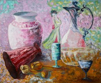 Pink still life with a Japanese figurine (Painting With Poppy Seeds). Polischuk Olga