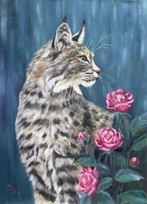 Lynx in the garden of roses. Ushanova Elena
