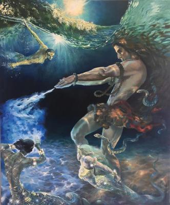 Shiva absorbs poison from the World Ocean, and the nagas help Him