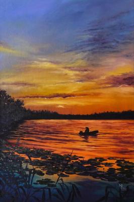 Sunset over the lake oil painting on canvas. Faleeva Mariya