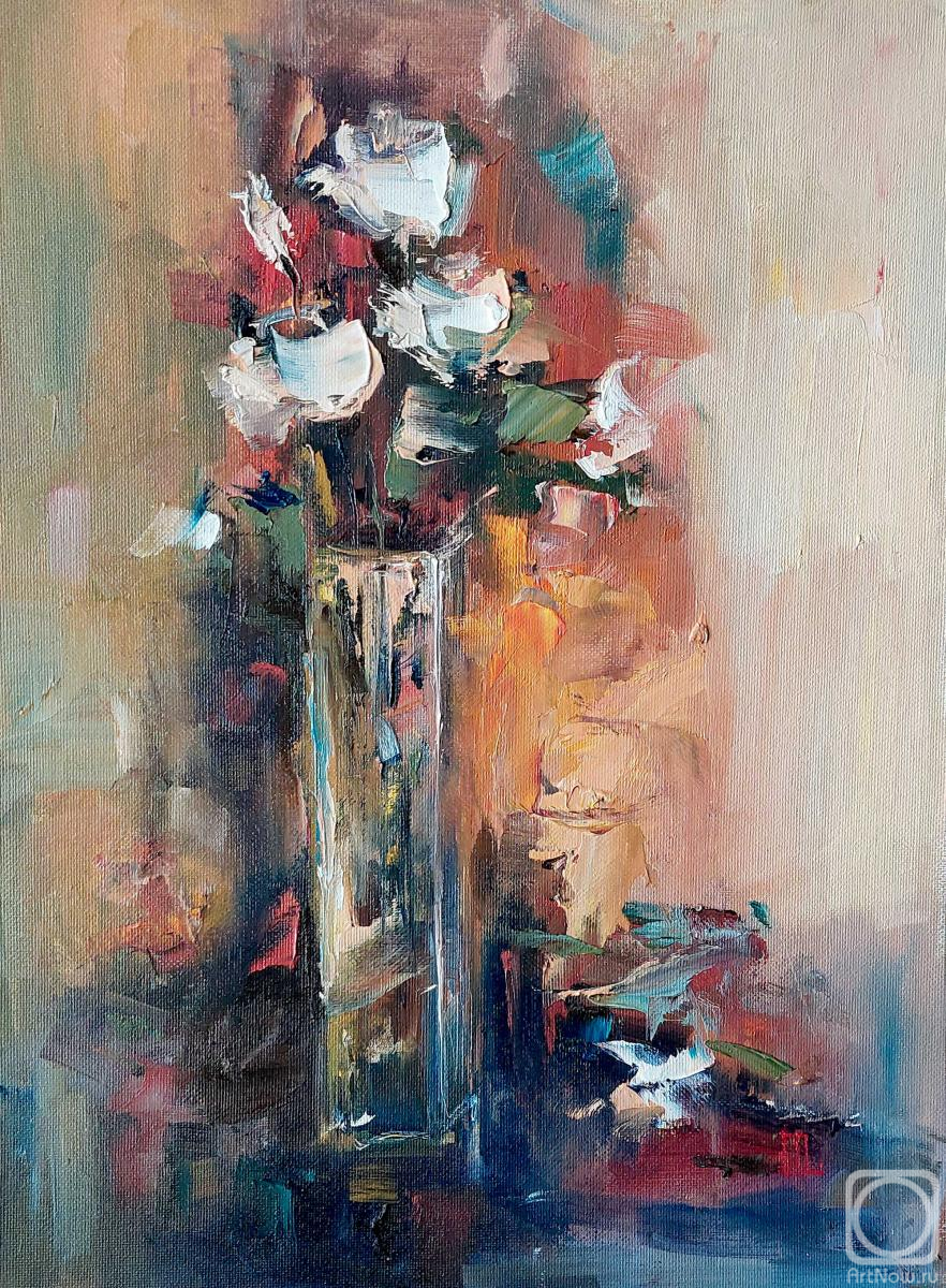 Lopatina Olesya. White roses in a glass vase oil painting