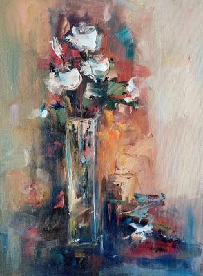 White roses in a glass vase oil painting. Lopatina Olesya