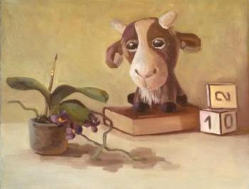 Toy Painting, Goat and Orchid Original Fine Art , Children Still Life, Author Painting. Scherilya Svetlana