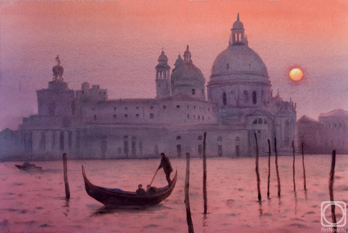 Belyaeva Olga. Gondola with Santa Maria Della Salute at pink sunset - Grand canal - Venice - Venezia - Venetia - Italy - Gondolier