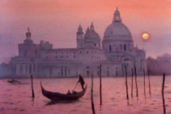 Gondola with Santa Maria Della Salute at pink sunset - Grand canal - Venice - Venezia - Venetia - Italy - Gondolier. Belyaeva Olga