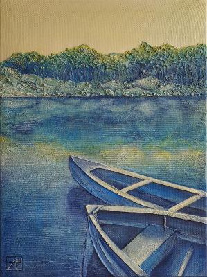 On the edge of the evening sun (Boats On The Lake Painting). Shuvaeva Anna