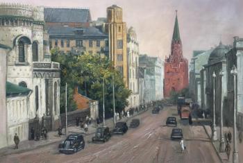 Time travel. View of Arseniy Morozov's mansion and Trinity Tower. Kamskij Savelij
