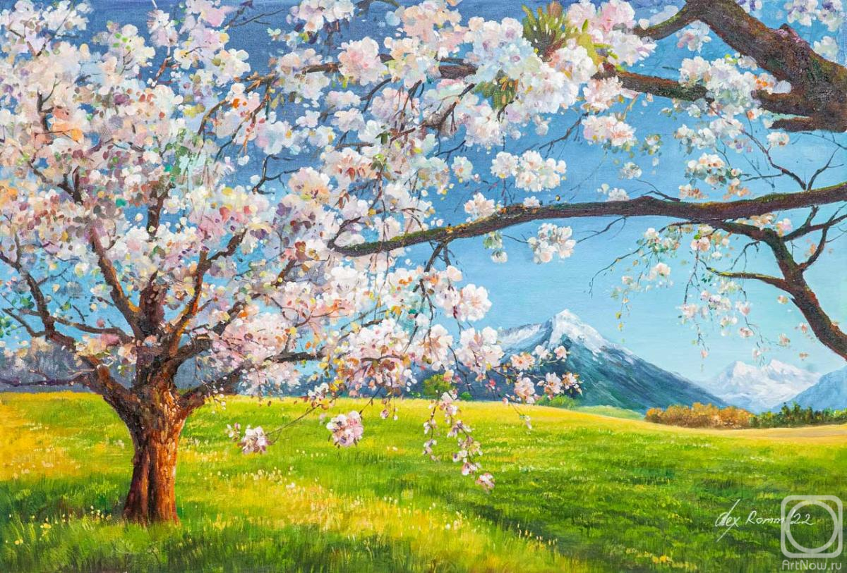 Romm Alexandr. Blossoming apple tree against the backdrop of mountains
