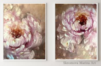 Beige abstract flower set 2 - art of peonies delicate petals (Two Paintings With Flowers). Skromova Marina