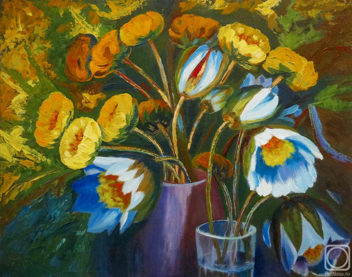 Polischuk Olga. Bouquet of lotuses and yellow water lilies