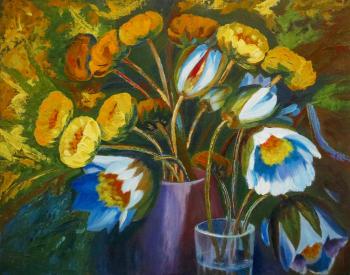 Bouquet of lotuses and yellow water lilies. Polischuk Olga