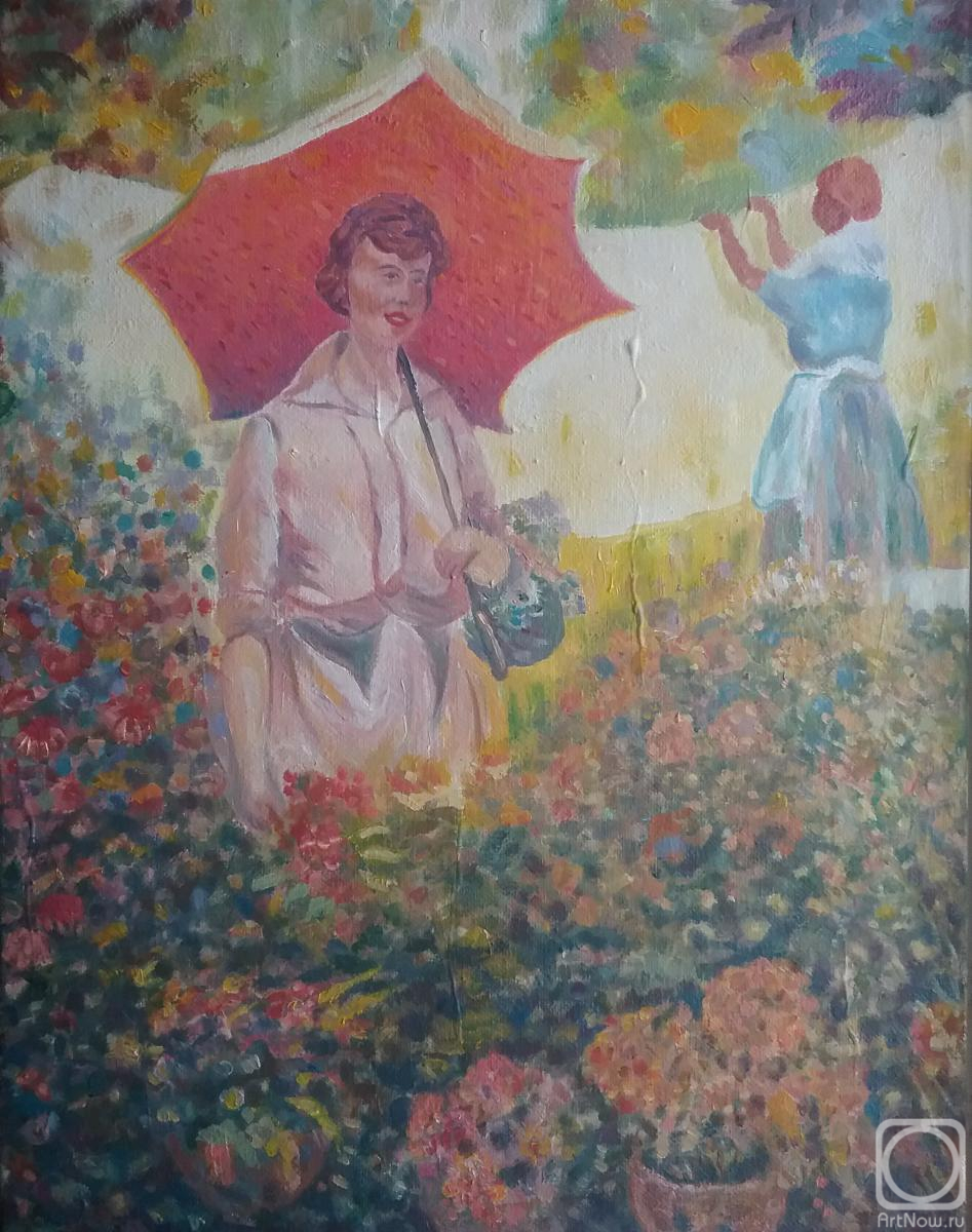Klenov Andrei. Pink Lady With Parasol In Flower Garden