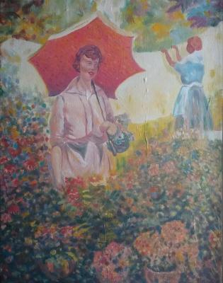 Pink Lady With Parasol In Flower Garden