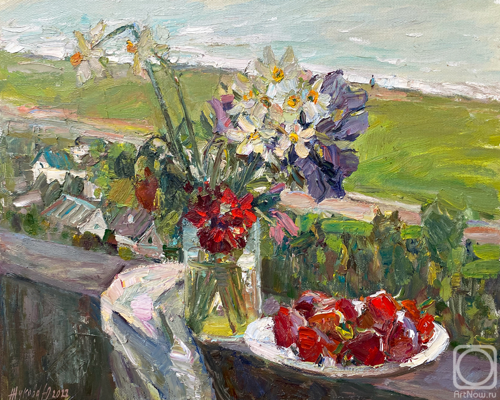 Zhukova Juliya. Still life with daffodils and strawberries