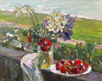 Still life with daffodils and strawberries