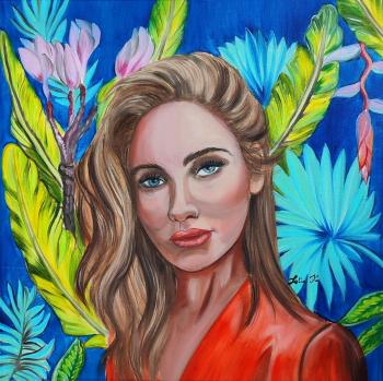 Beautiful girl in a red dress on the background of the jungle. Beautiful female portrait (New Style). Kirillova Juliette