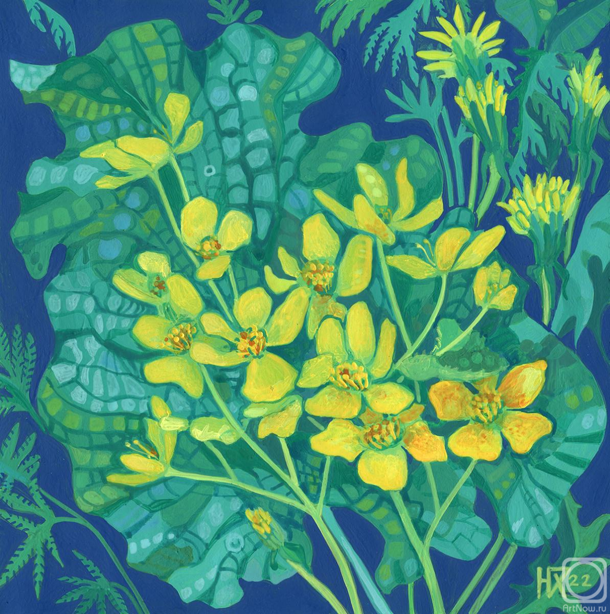 Horoshih Yuliya. Marsh Marigold Summer Wildflowers Floral Painting