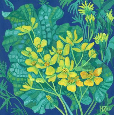 Marsh Marigold Summer Wildflowers Floral Painting (Flowering Pond). Horoshih Yuliya