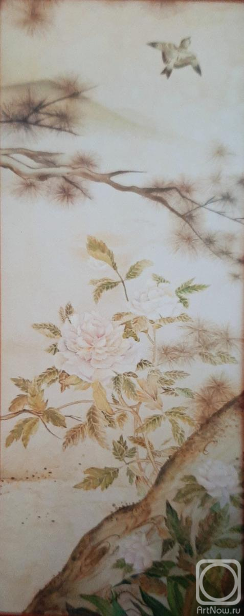 Kuharenko Kristina. Screen: Flowers and birds. "Sumi-E": Sessu Toe - 8 - "Sessu. Painting of screens." Cold batik