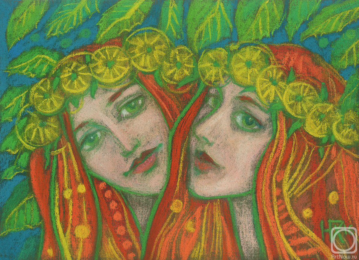 Horoshih Yuliya. Dandelions Ginger Girls in Flower Crowns Pastel Painting