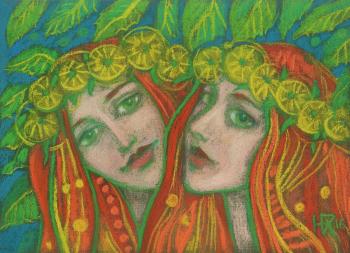 Dandelions Ginger Girls in Flower Crowns Pastel Painting (Beautiful Pastels Painting). Horoshih Yuliya