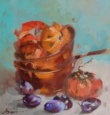 Pumpkins in copper bowls. Baltrushevich Elena