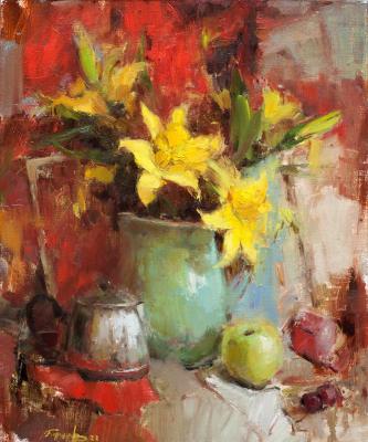 Yellow lilies on red
