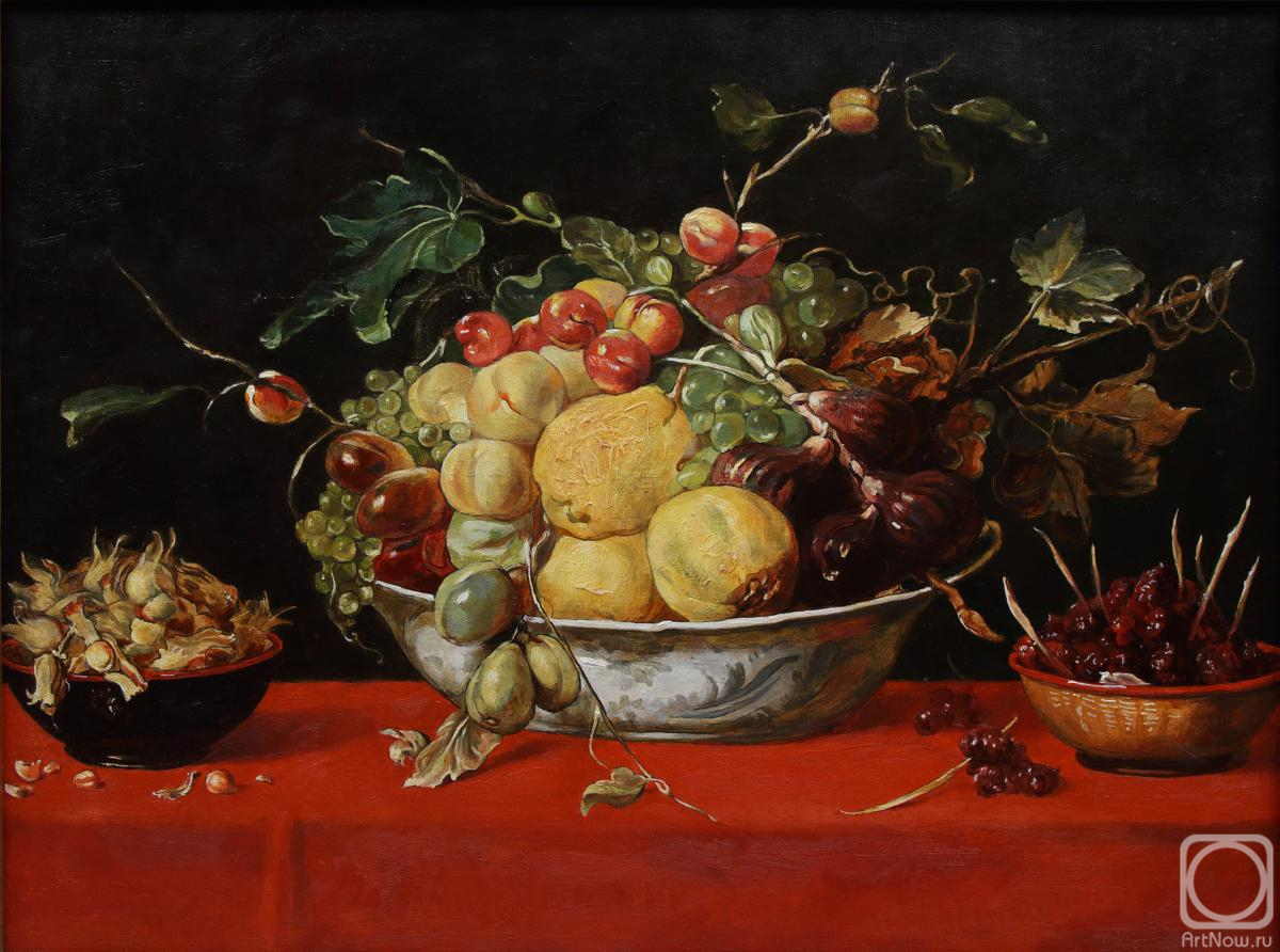 Orlov Gennady. Frans Snyders - Fruit in a bowl on a red tablecloth
