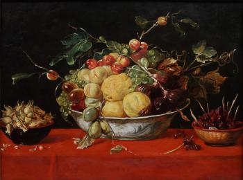 Frans Snyders - Fruit in a bowl on a red tablecloth