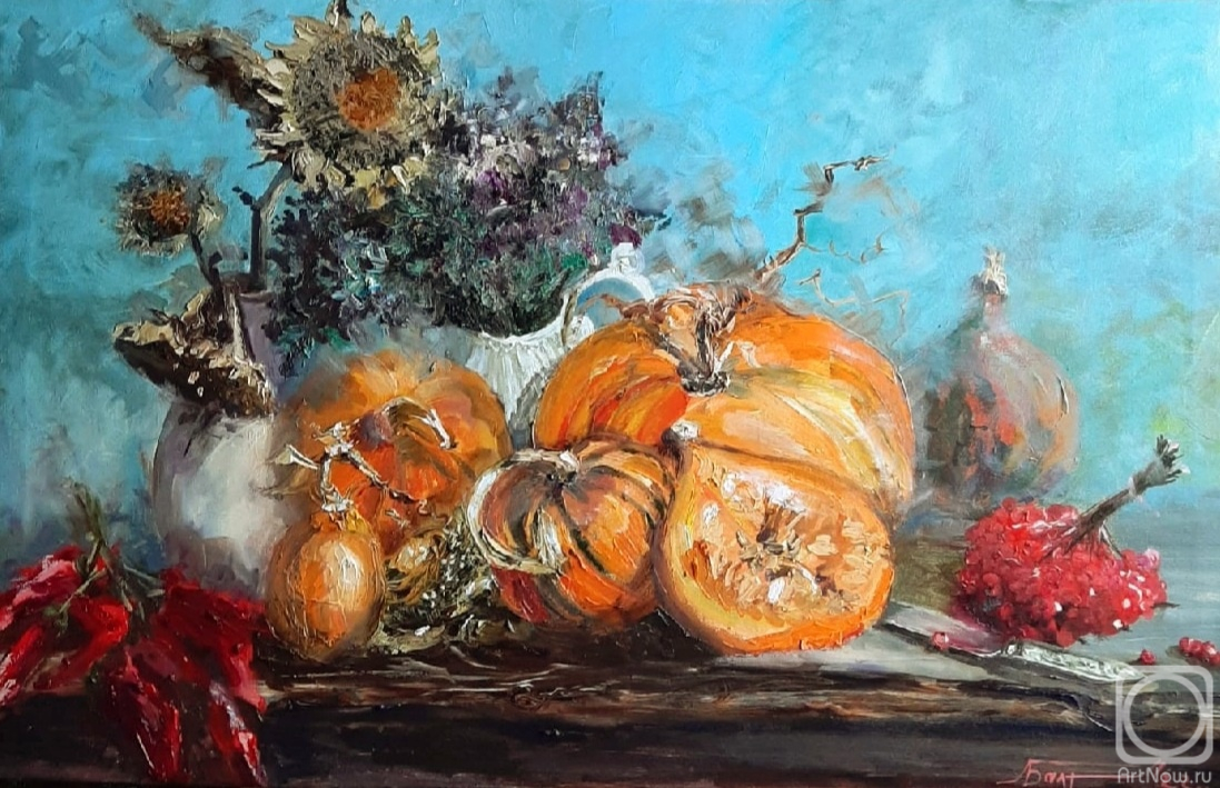 Baltrushevich Elena. Still life with pumpkins and viburnum