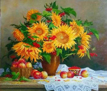 Still life with sunflowers and apples. Gikal Aleksei