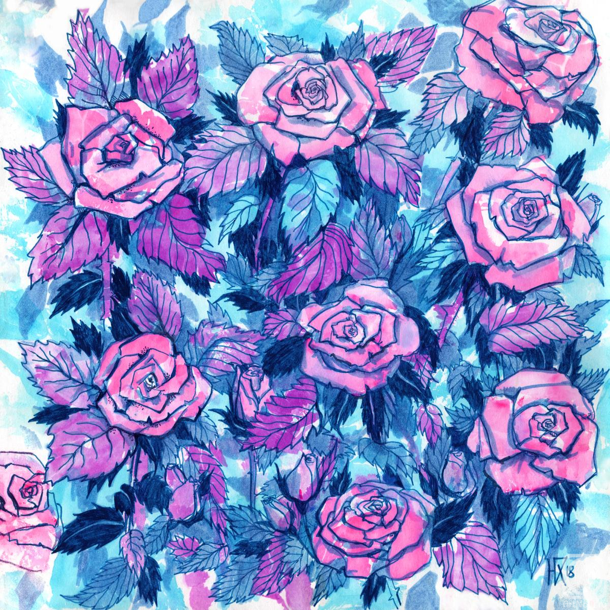 Horoshih Yuliya. Pink Roses Floral Painting Watercolor Sketch