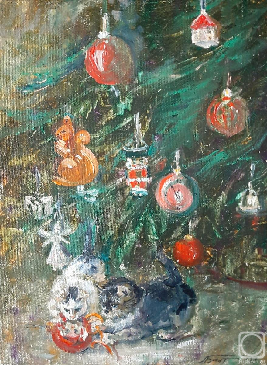 Baltrushevich Elena. New Year's picture with a Christmas tree and kittens