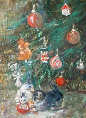New Year's picture with a Christmas tree and kittens (Picture For A Nursery). Baltrushevich Elena