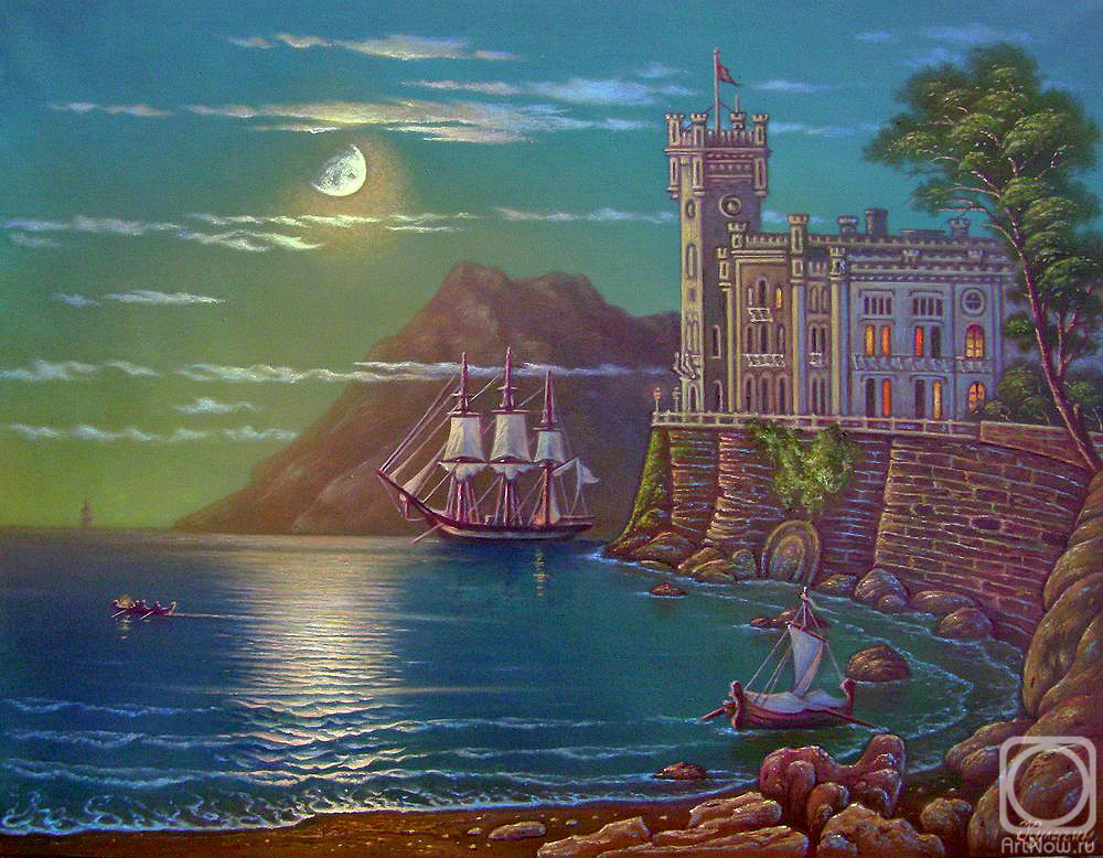 Kulagin Oleg. Sea, landscape, moon, moonlight, night, path, castle, ship, sailboat, wall, boat, shore, moonlight, light, stone, romance, romanticism, clouds, idyll, water, meditation