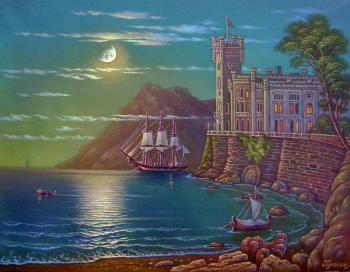 Sea, landscape, moon, moonlight, night, path, castle, ship, sailboat, wall, boat, shore, moonlight, light, stone, romance, romanticism, clouds, idyll, water, meditation. Kulagin Oleg