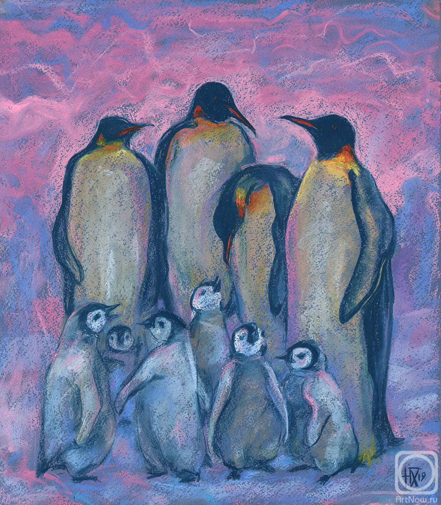 Horoshih Yuliya. Emperor Penguins with Baby Chicks, Antarctic Winter, Pink and Blue