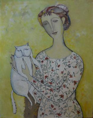 Woman with white cat